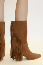 Beast Fashion Suede Fringe Point Toe Boots by Trendsi