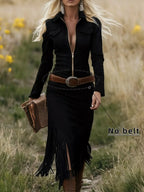 Fringe Zip Front Long Sleeve Dress by Trendsi