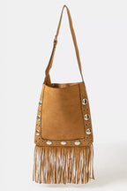 Fame Faux Suede Grommet Accent Fringe Tote Bag by Trendsi