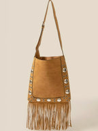 Fame Faux Suede Grommet Accent Fringe Tote Bag by Trendsi