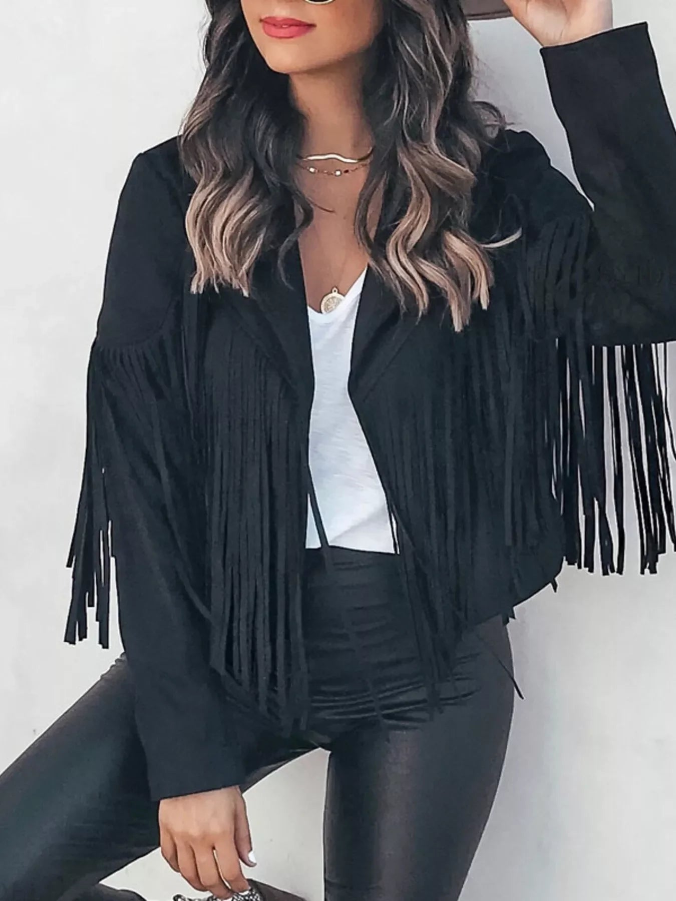 Fringe Open Front Cropped Jacket by Trendsi