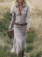 Fringe Zip Front Long Sleeve Dress by Trendsi