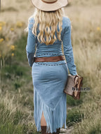 Fringe Zip Front Long Sleeve Dress by Trendsi